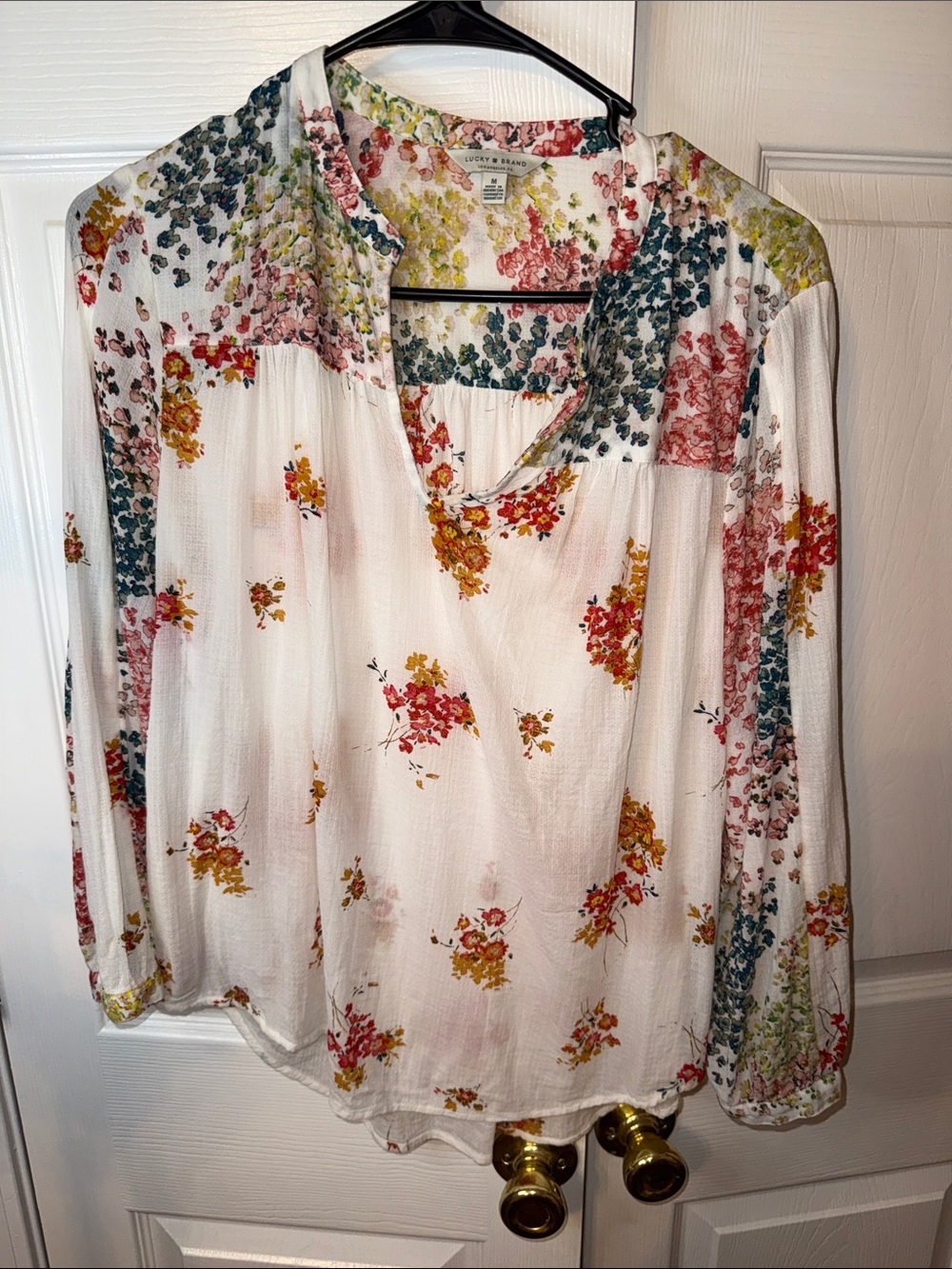 Lucky Brand White Peasant Blouse with Pink, Yellow & Green Floral